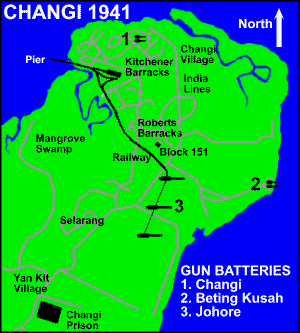 Map of Changi 1941 showing gun emplacements