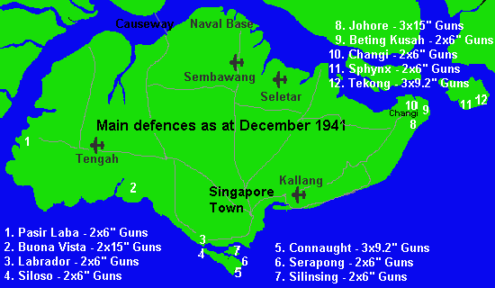 Map showing gun batteries in Singapore 1941